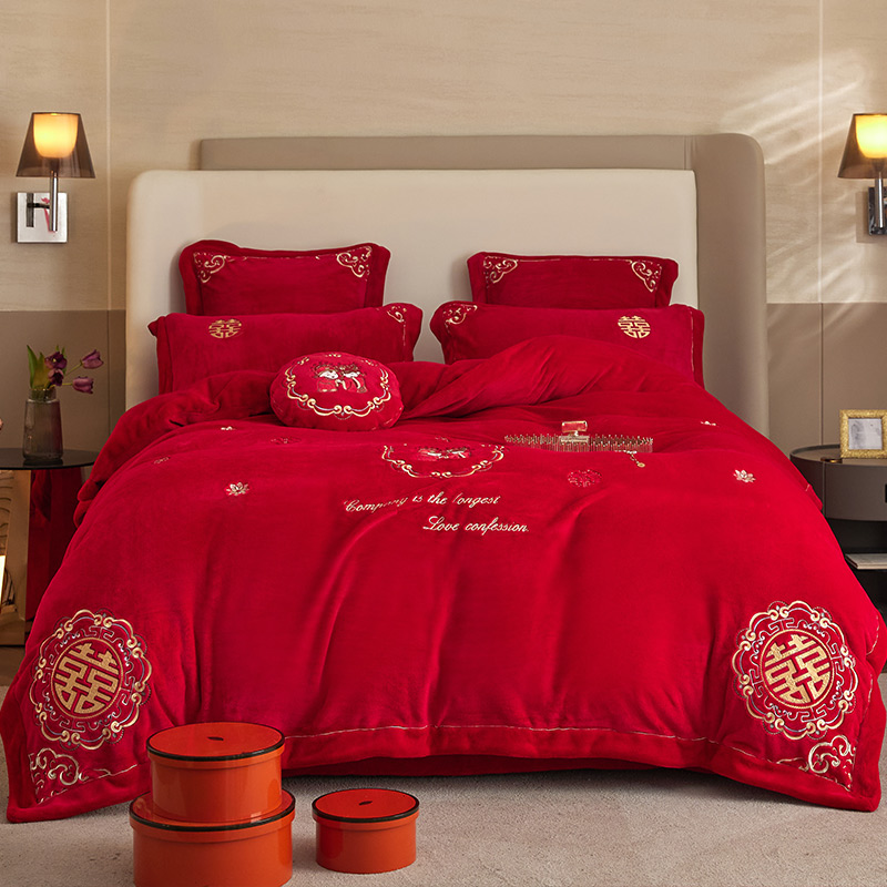 冬季保暖婚庆牛奶绒刺绣四件套珊瑚绒结婚大红色床单被套喜被陪嫁