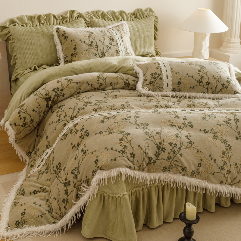 法式复古冬季加厚牛奶绒四件套公主风蕾丝被套双面珊瑚绒床盖床品