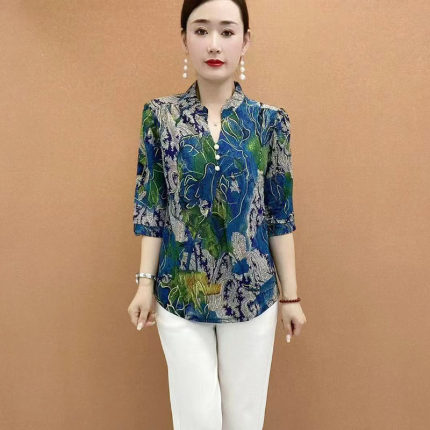 夏季新款中袖t恤女气质妈妈装时尚V领印花减龄上衣G洋气百搭遮肉