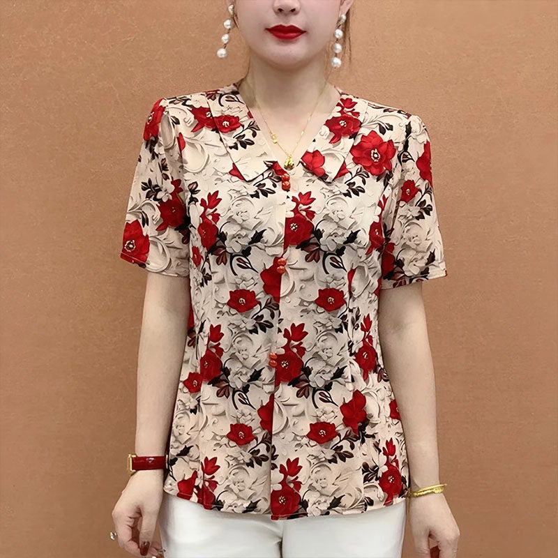 夏款时尚妈妈装印花翻领短袖t恤G洋气中年女装百搭遮肉宽松上衣