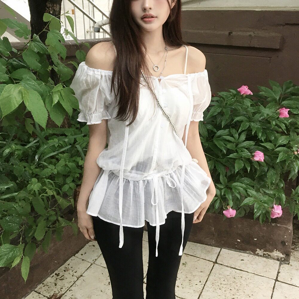 韩国chic2026夏季新品小众下摆收口系带露肩甜美雪纺衬衫上衣