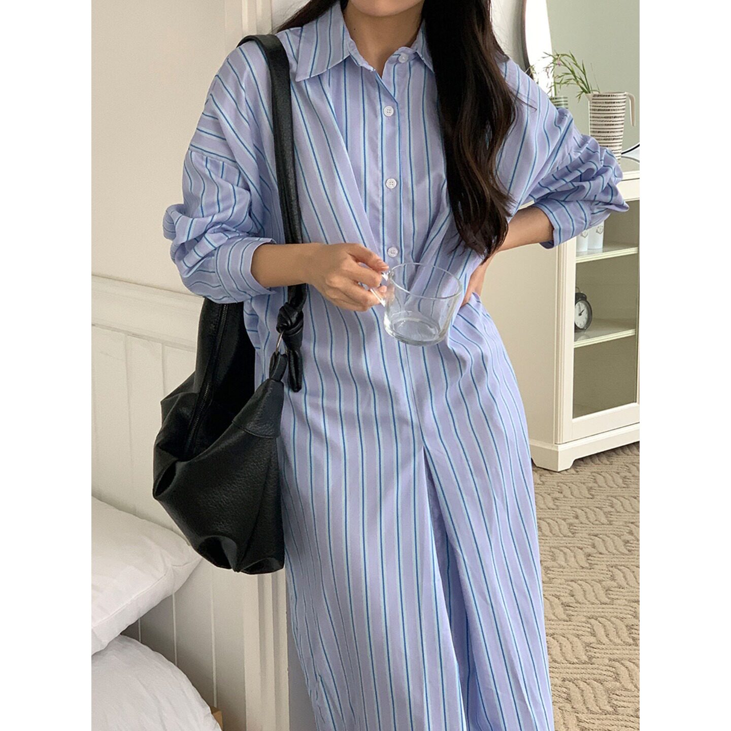 韩国东大门小众设计感压褶长袖条纹衬衫连衣裙女2026秋季新品女裙