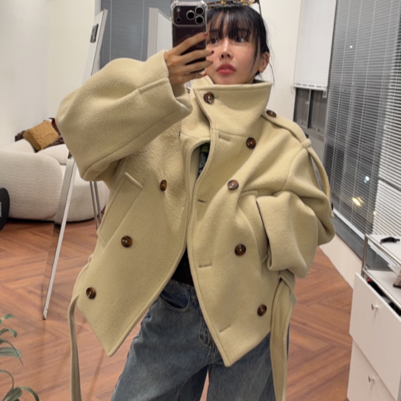 日韩跨境外贸2026秋冬新品宽松时尚双排扣毛绒抓绒短款外套开衫女