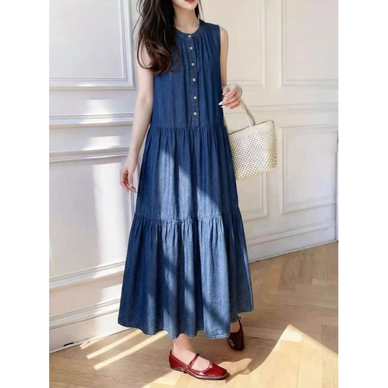韩国chic2026夏无袖宽松显瘦法式复古大摆背心裙牛仔连衣裙长裙女