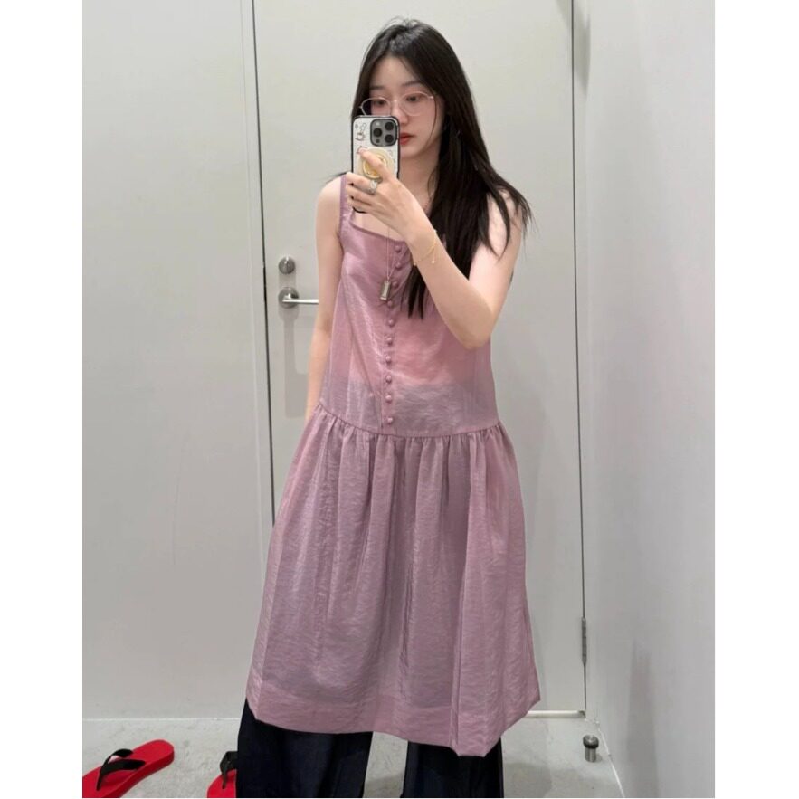 chic韩国东大门张子萱同款方领连衣裙甜美吊带裙2026夏季新品裙子