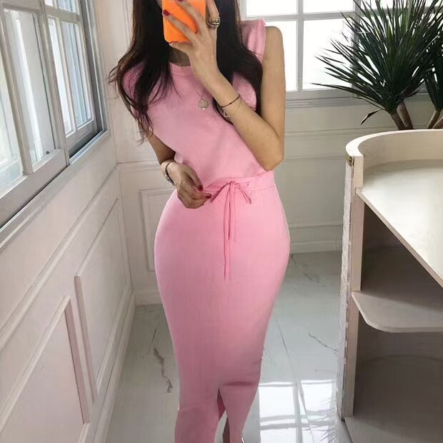 夏女装纯色圆领短袖T恤抽绳过膝半身裙套装2件套新品女2026款