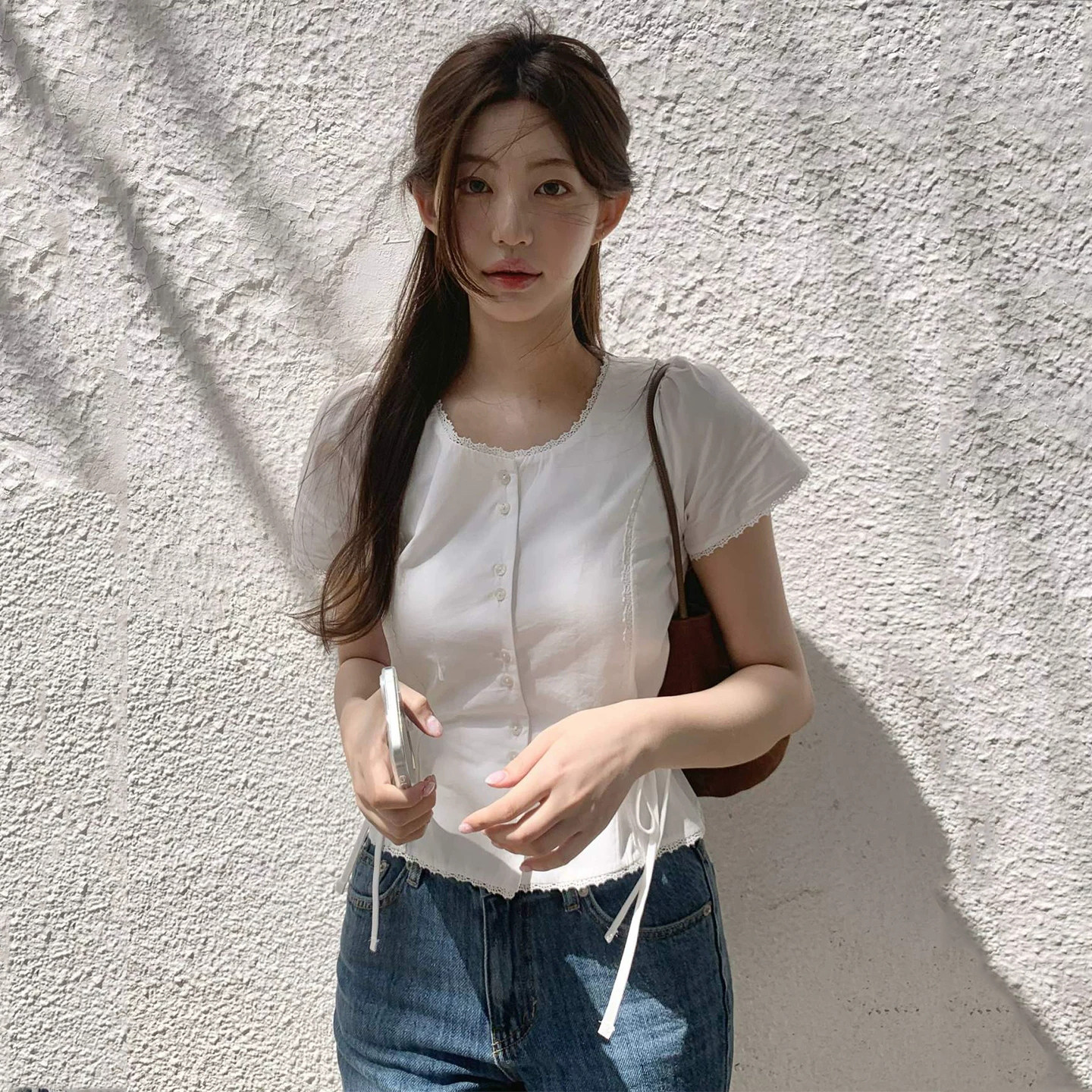韩国ins夏季温柔系甜美蕾丝花边系带收腰短袖衬衫上衣2026新品女
