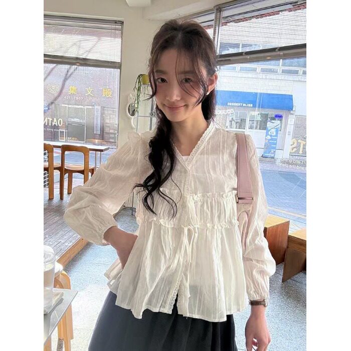 韩国chic2026秋季长袖衬衫花边甜美蕾丝气质显瘦长袖百搭上衣女