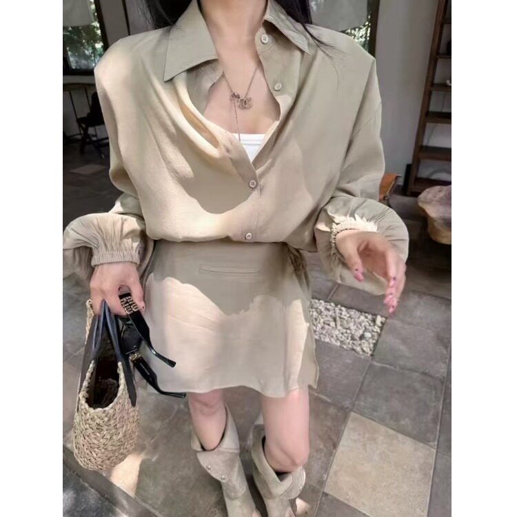 韩国chic2026春季纯色ins翻领防晒衬衫+高腰短裤绑带腰封三件套装