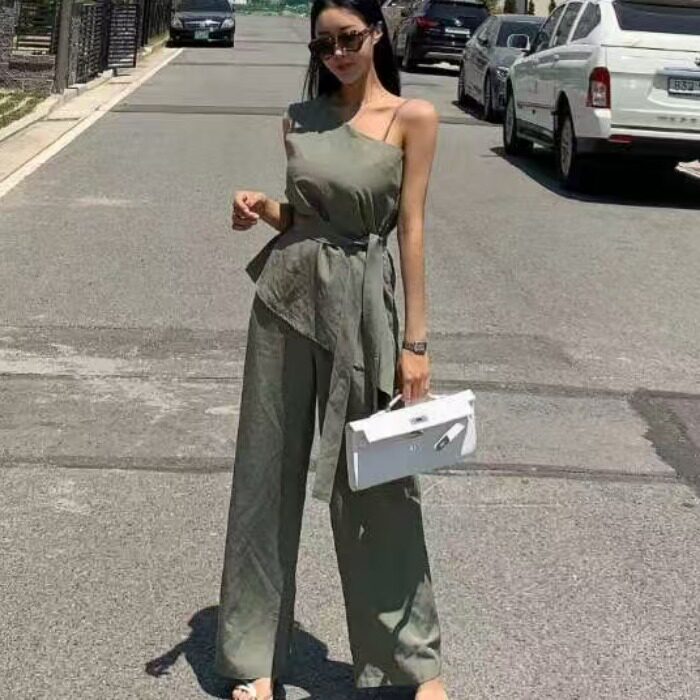 韩国chic2026夏不规则无袖绑带上衣+宽松阔腿休闲裤两件气质套装