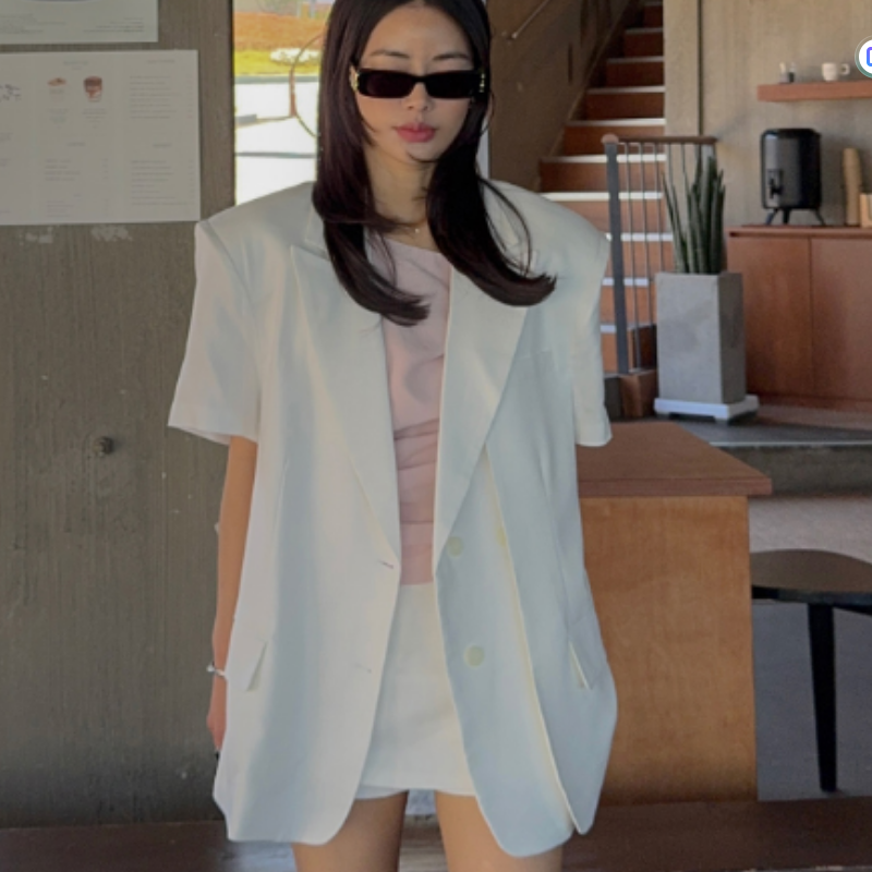 韩国chic2026夏季新品翻领两粒扣宽松气质短袖西装外套上衣开衫女