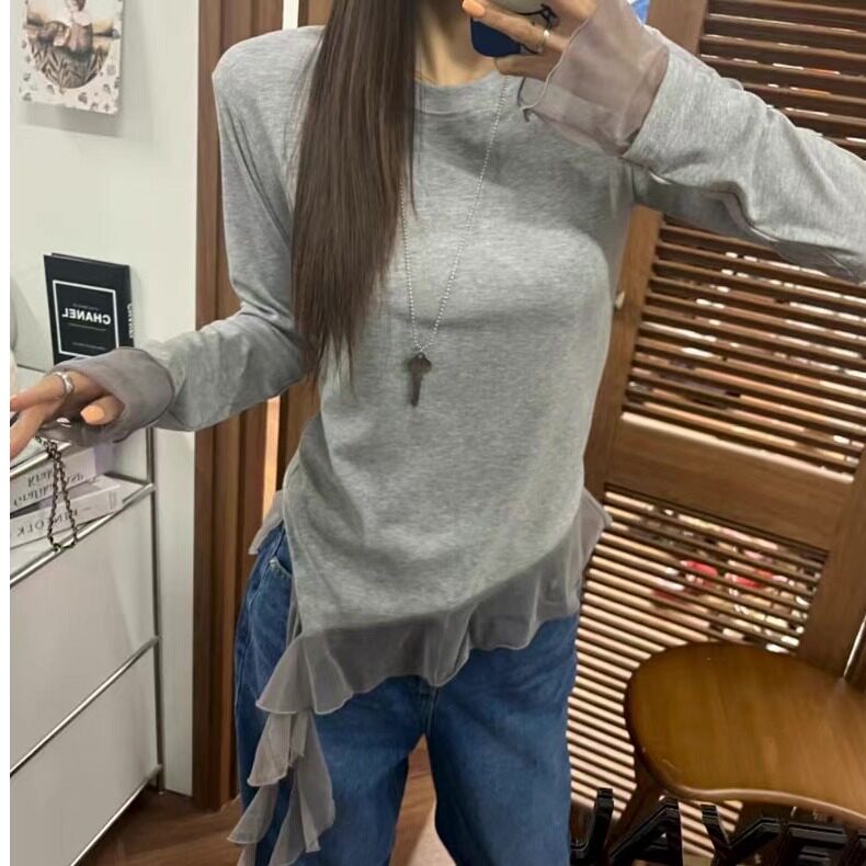 韩国chic2026秋季新品网纱拼接下摆飘带长袖T恤显瘦百搭上衣女