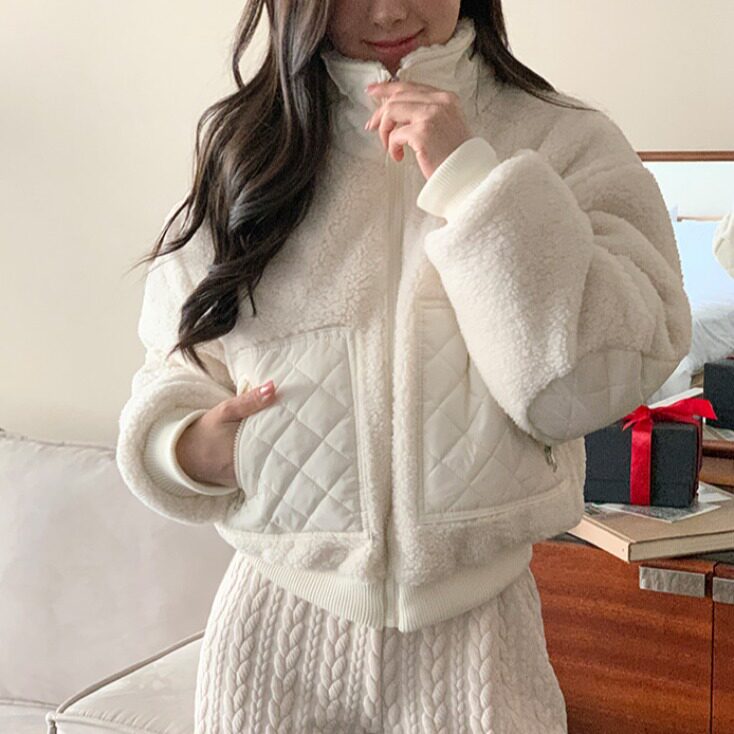 韩国冬季新款百搭棉衣设计感拼接菱格双口袋羊羔毛外套女开衫女