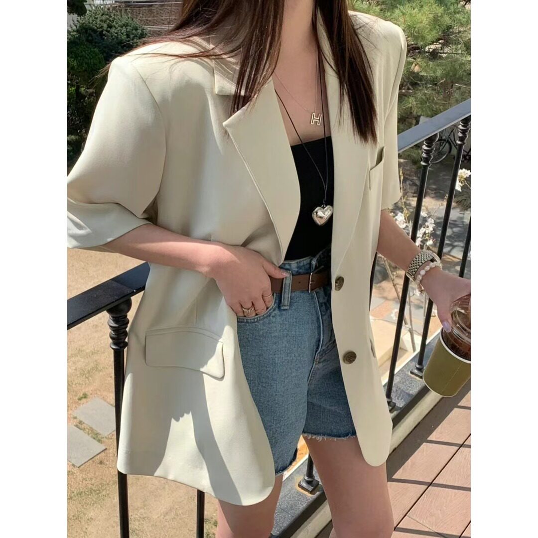 韩国chic2026夏季新品时尚气质宽松后开叉短袖西装宽松外套女薄款