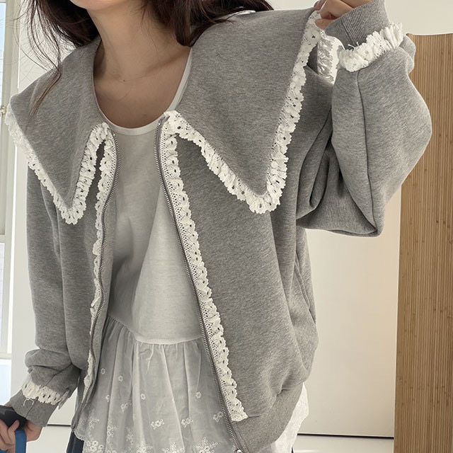 韩国秋冬新款韩国ins时尚花边拼接大翻领设计卫衣宽松外套开衫女