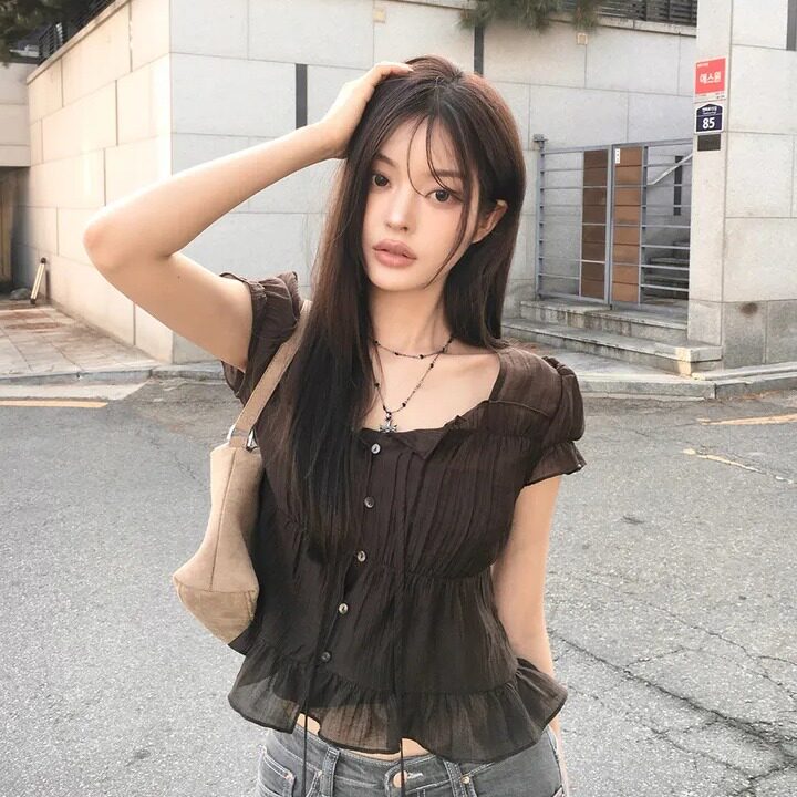 chic韩系夏季法式甜美减龄温柔木耳边皱褶收腰短袖雪纺衬衫上衣