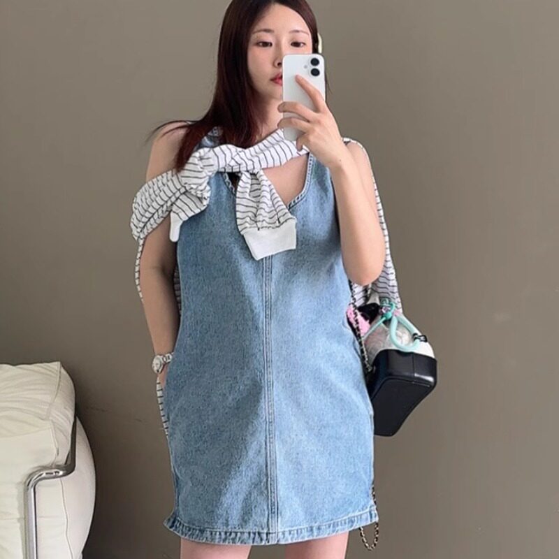韩国chic2026夏季背心裙水洗蓝宽松小个子A字型无袖牛仔连衣裙女