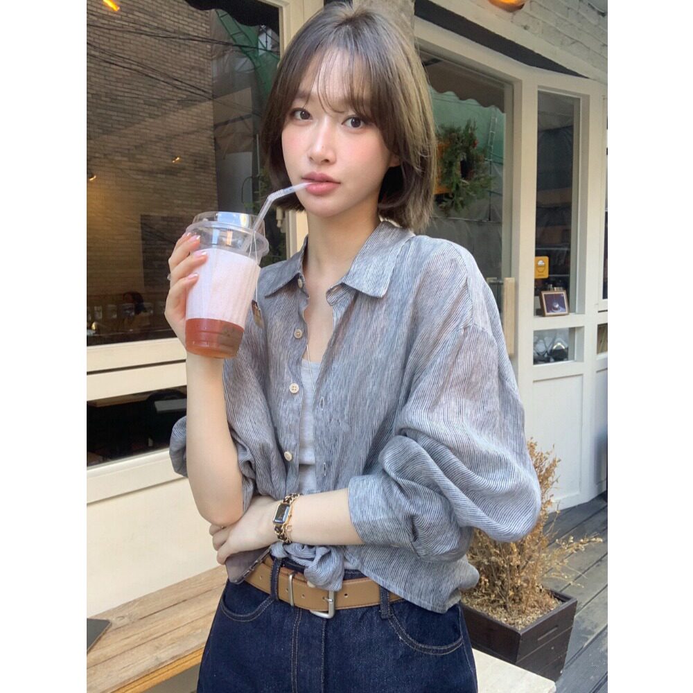 韩风chic2026夏季新品复古气质百搭翻领条纹宽松显瘦衬衫上衣女