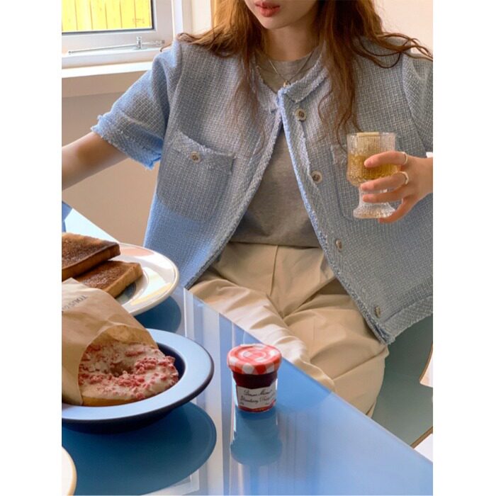 韩国chic粗纺短款开衫短袖外套2026春季新品气质显瘦百搭开衫女
