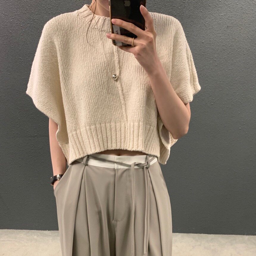 韩国Chic时尚针织短袖上衣配西装裤子两件套装女显瘦2026春季新品