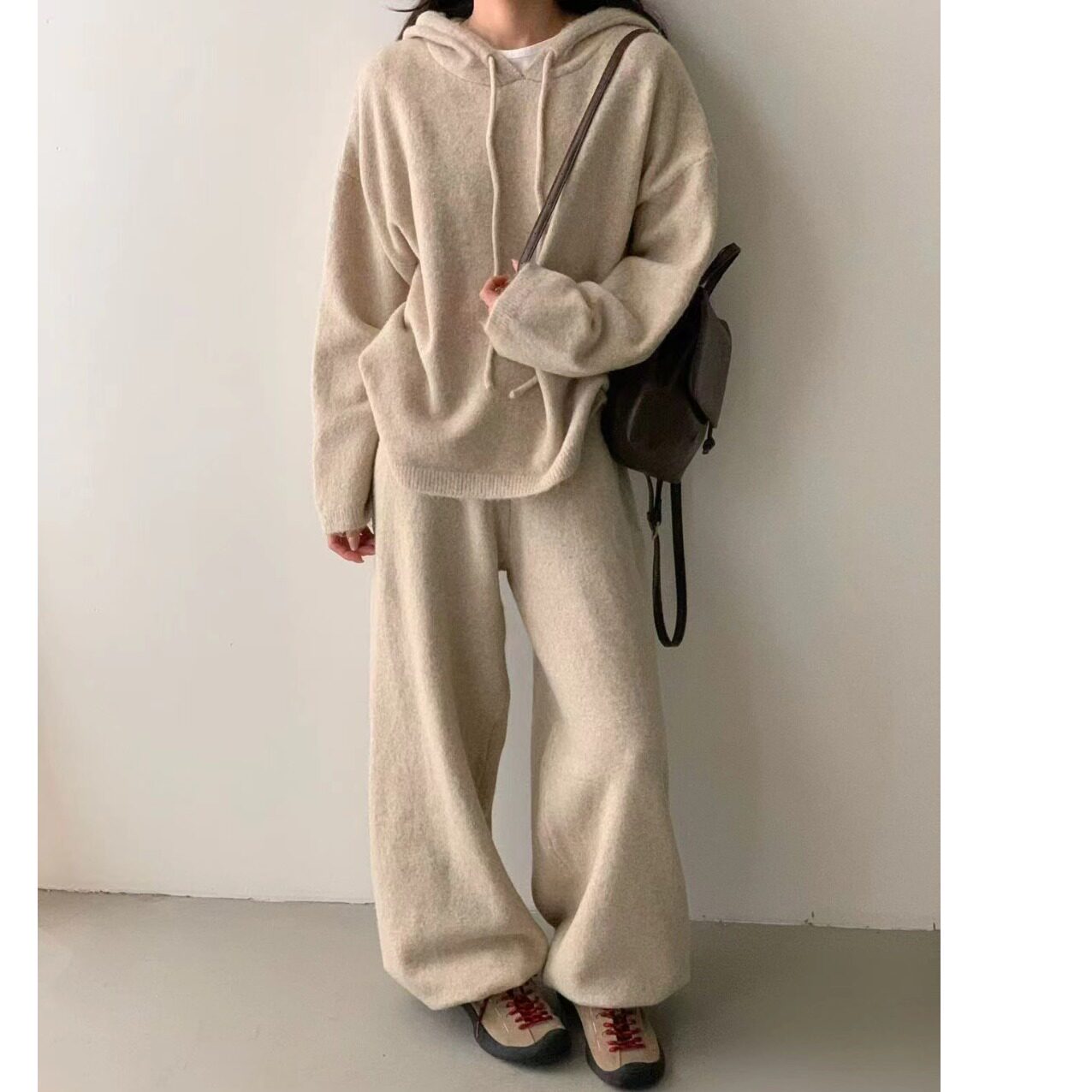 韩系chic套装抽绳连帽针织显瘦v领上衣+阔腿裤两件套2026秋冬新品