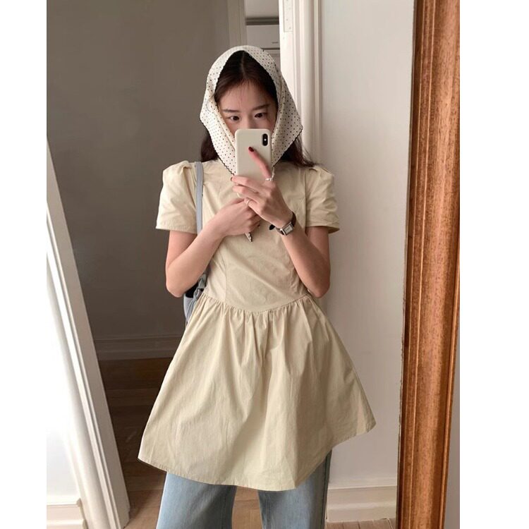 韩国东大门2026夏季新款复古气质高腰显瘦小个子气质短袖连衣裙女