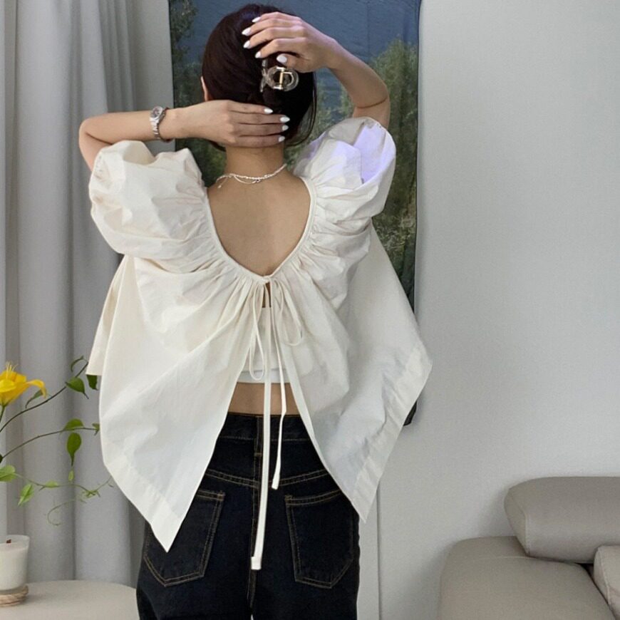chic 韩系夏季法式简约双面穿皱褶绑带设计感短袖衬衣衬衫