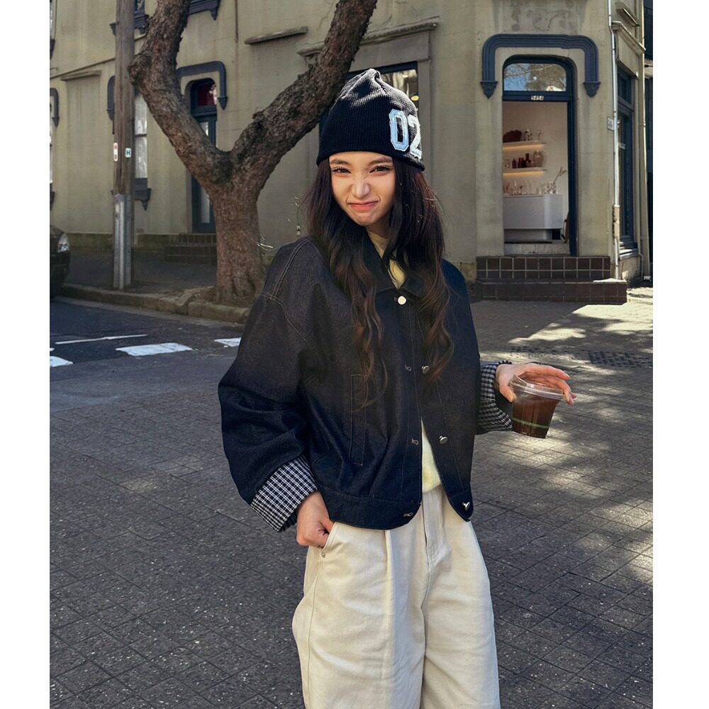 韩国chic2026秋季复古格子拼接袖口翻领短款赛络纺牛仔外套开衫女