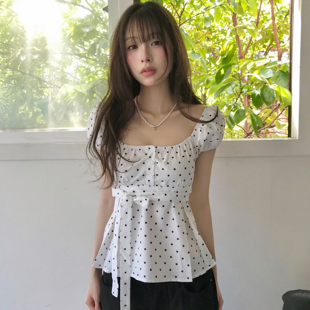 韩系气质甜美减龄蝴蝶结系带收腰波点泡泡袖衬衫小个子上衣2026