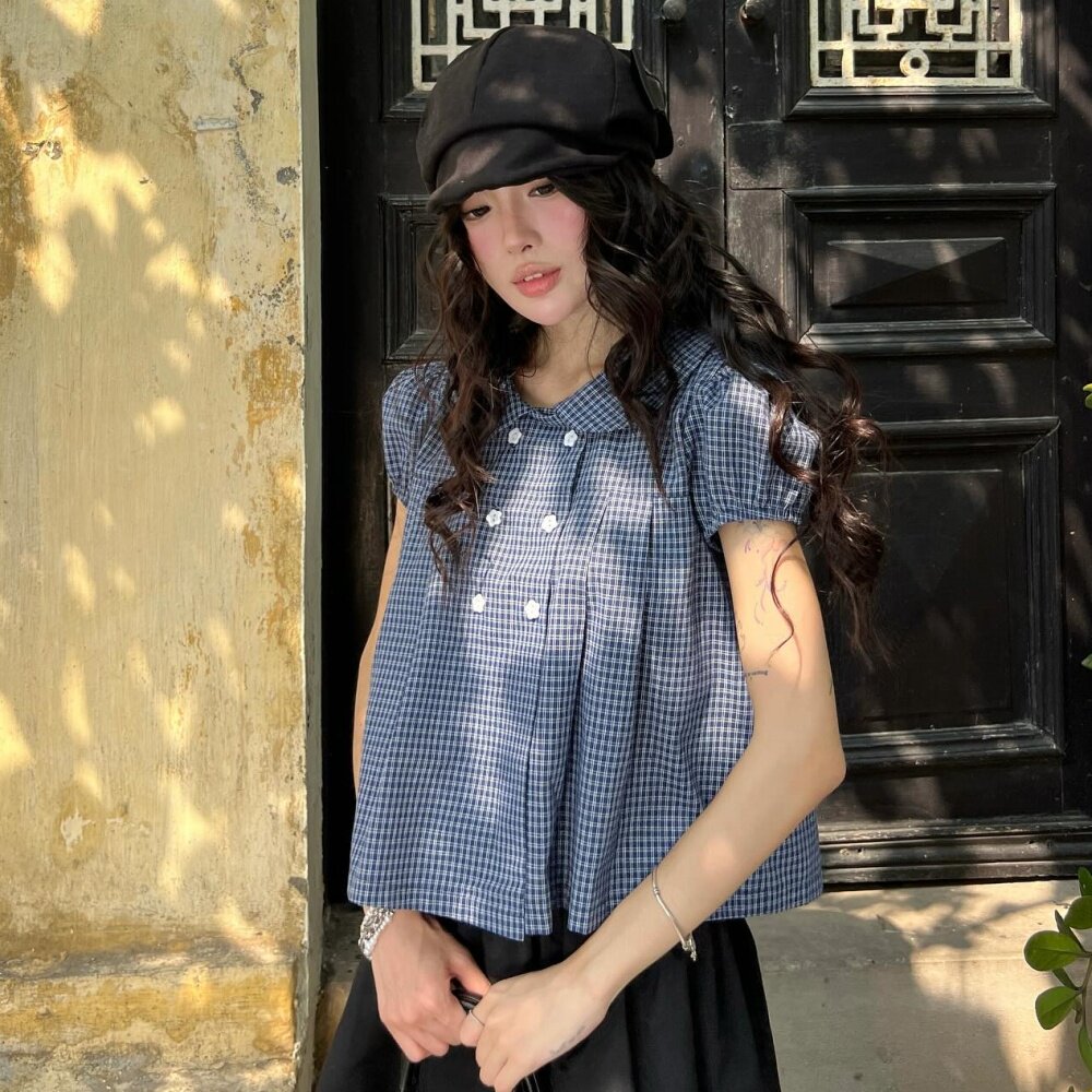 韩国双排扣复古格纹chic泡泡袖宽松衬衫韩系少女乖巧气质娃娃衫女