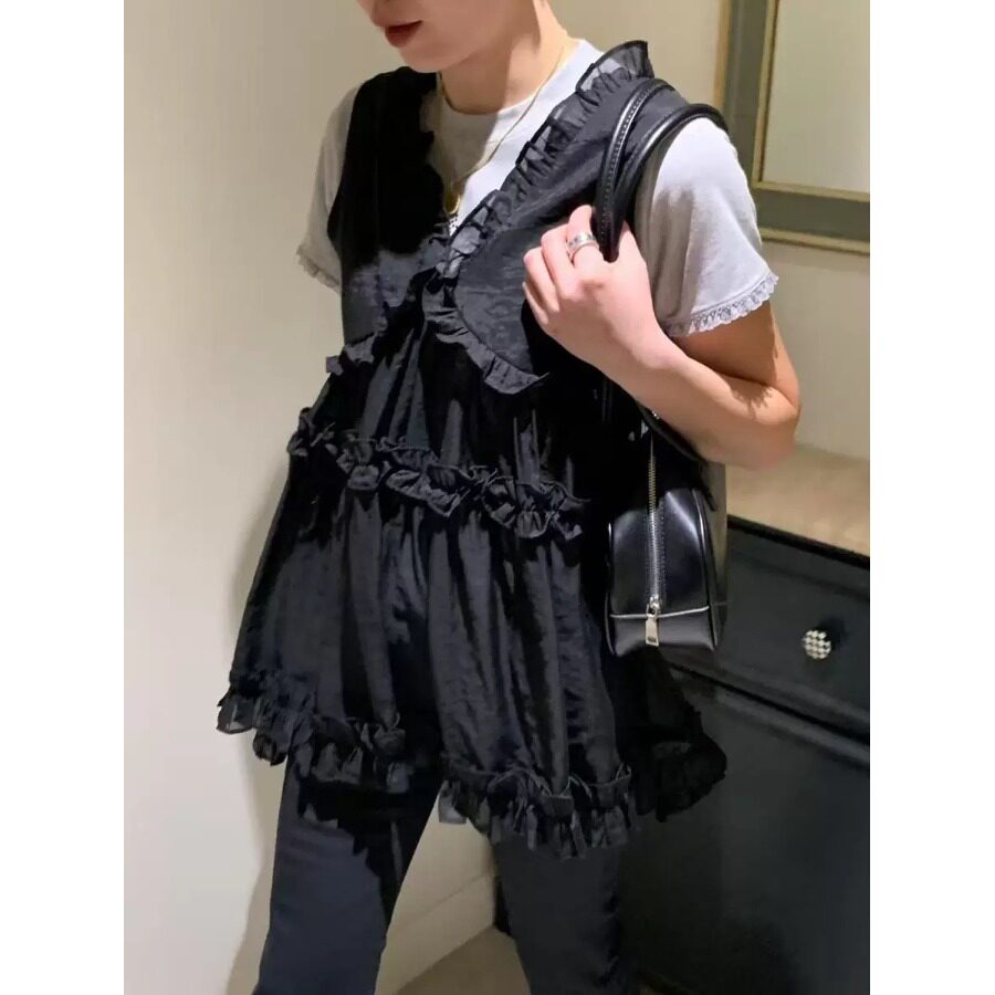 韩国chic甜美减龄木耳边V领无袖连衣裙2026夏季新品小个子裙子女