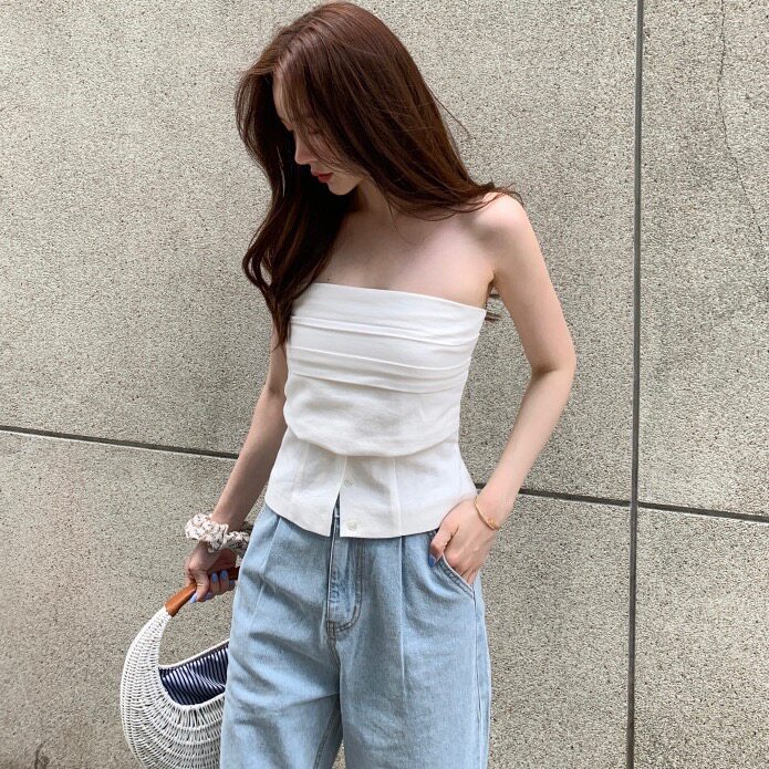 韩国chic2026夏季设计款抹胸后面带打揽单排扣衬衫百搭纯色上衣