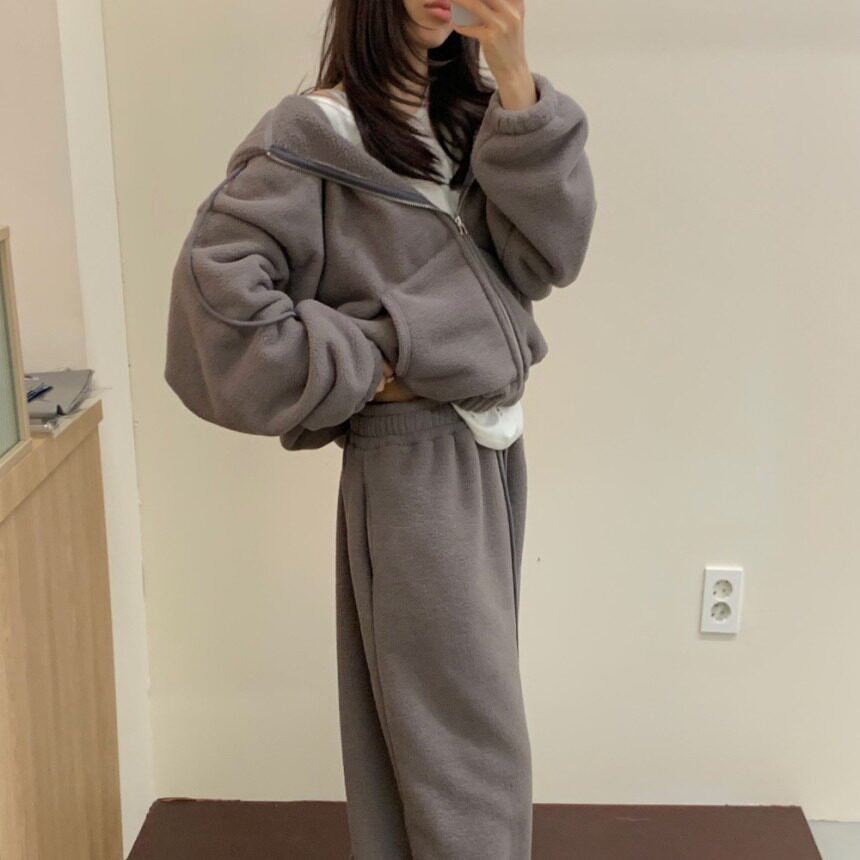 韩国chic2026秋冬系带连帽毛绒抓绒拉链卫衣外套+长裤两件套装女
