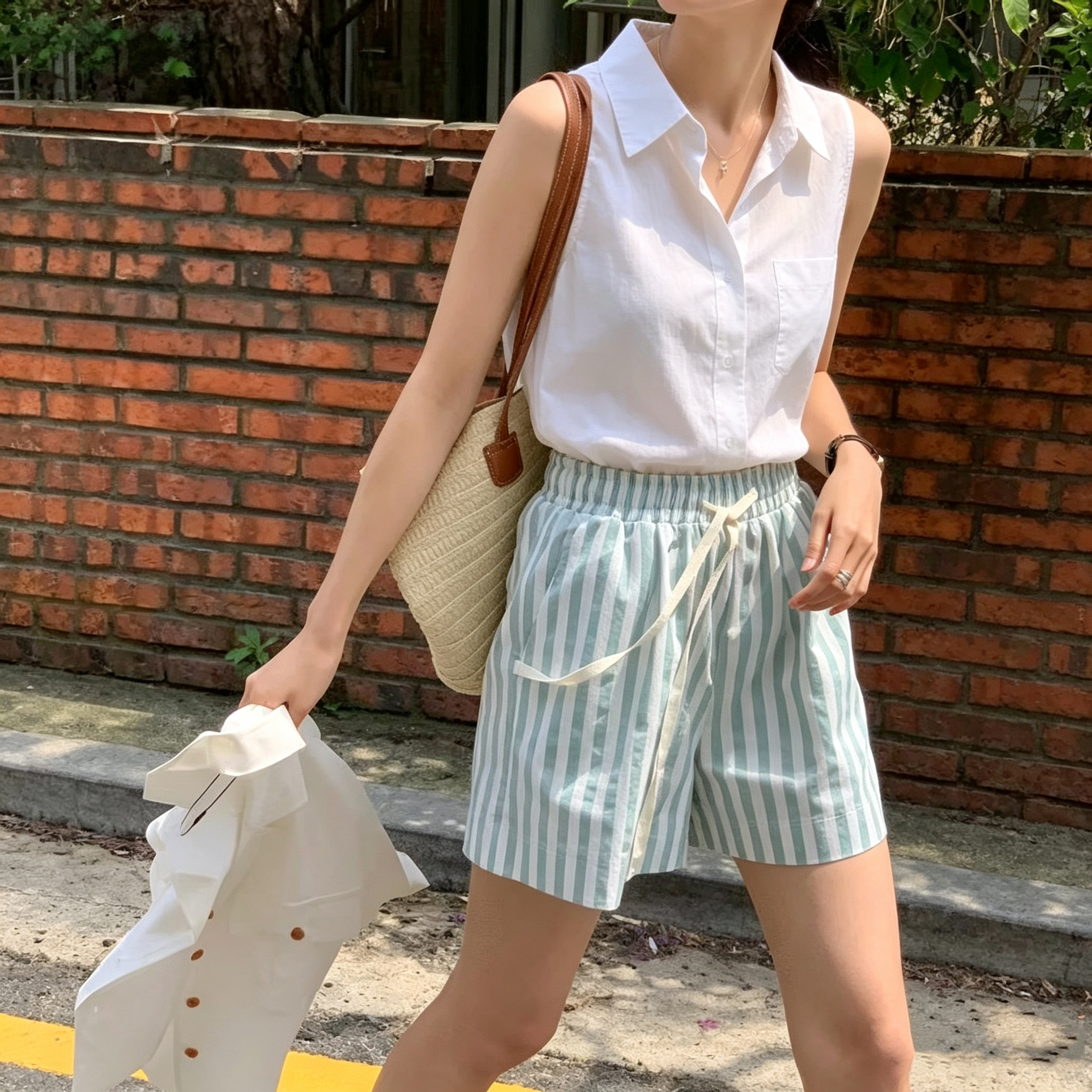 韩系百搭夏日清新感条纹休闲裤抽绳松紧腰短裤女2026夏季新品