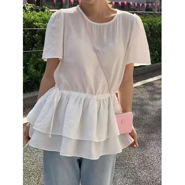 chic韩版圆领双层荷叶边抽绳短袖衬衫2026夏季新品小个子裙子女