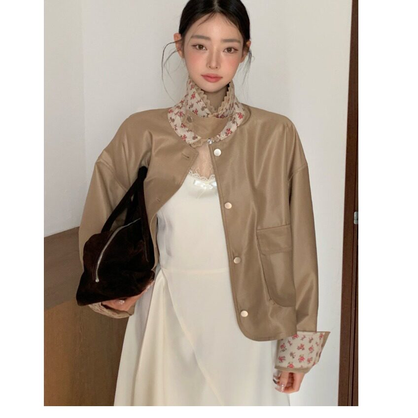 韩国东大门小众设计感碎花立领PU皮衣夹克外套女2026秋季新品上衣