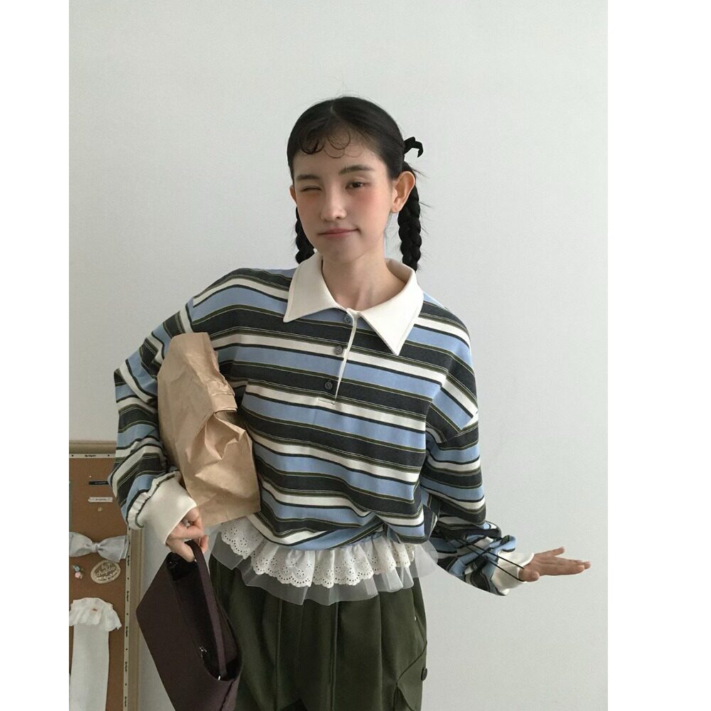 韩国chic2026秋季新品时尚气质百搭花边拼接条纹卫衣长袖上衣女