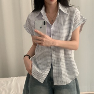 宽松休闲上衣女2026夏季 韩国chic复古撞色格子短袖 翻领单排扣衬衫