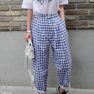 韩国chic2026夏季新品原宿bf格子裤宽松显瘦条纹直筒裤休闲裤子女