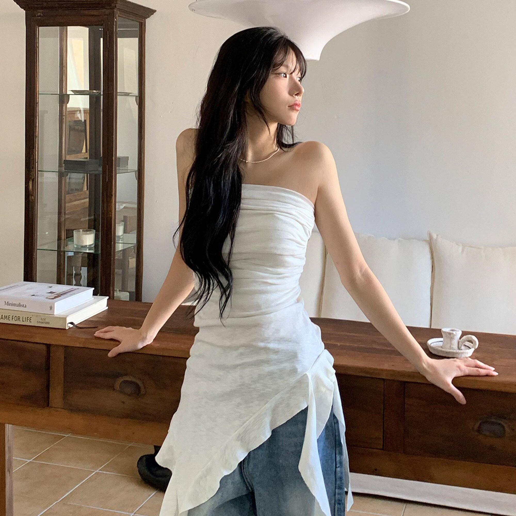 韩国少女轻亚感荷叶不对称花边抹胸显瘦短裙连衣裙2026夏季新品