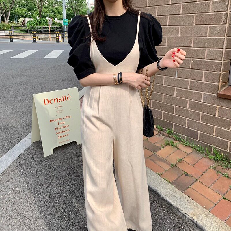 韩国chic阔腿裤拖地长裤2026夏季薄款宽松系带高腰吊带连体裤女
