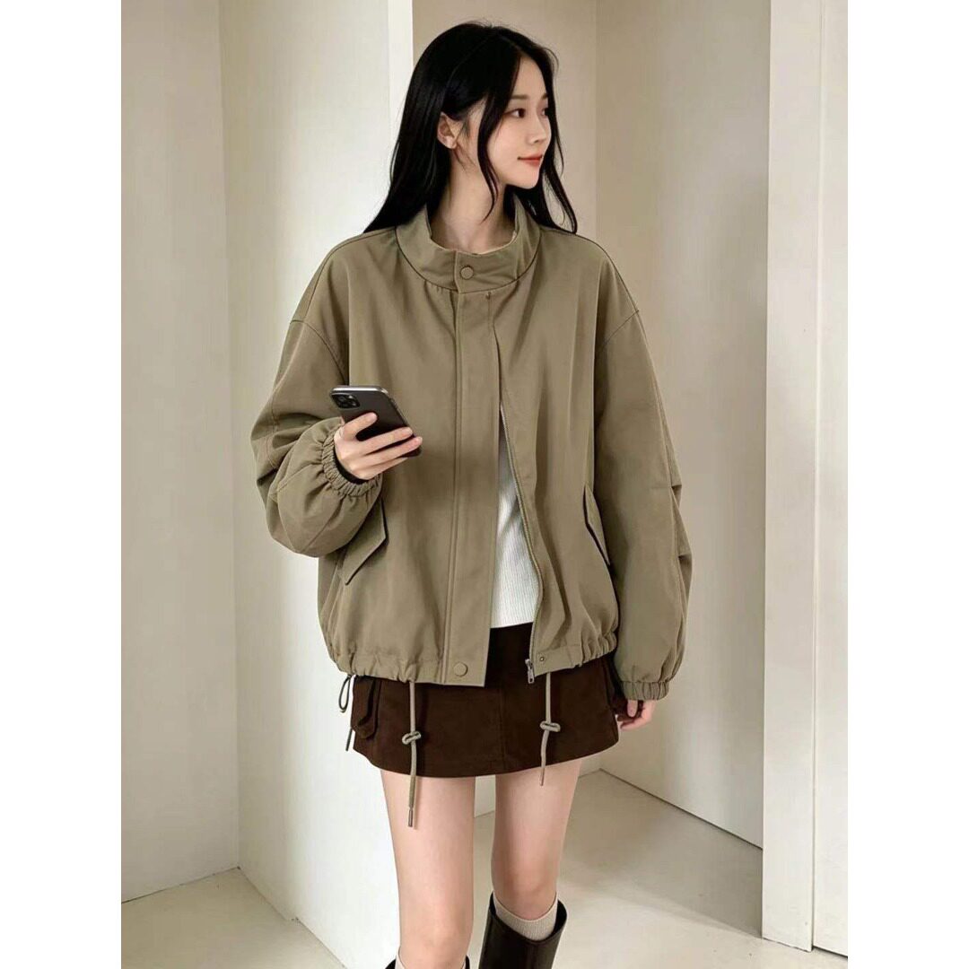 韩国chic2026秋季休闲百搭宽松立领拉链夹克衫外套风衣外套上衣女