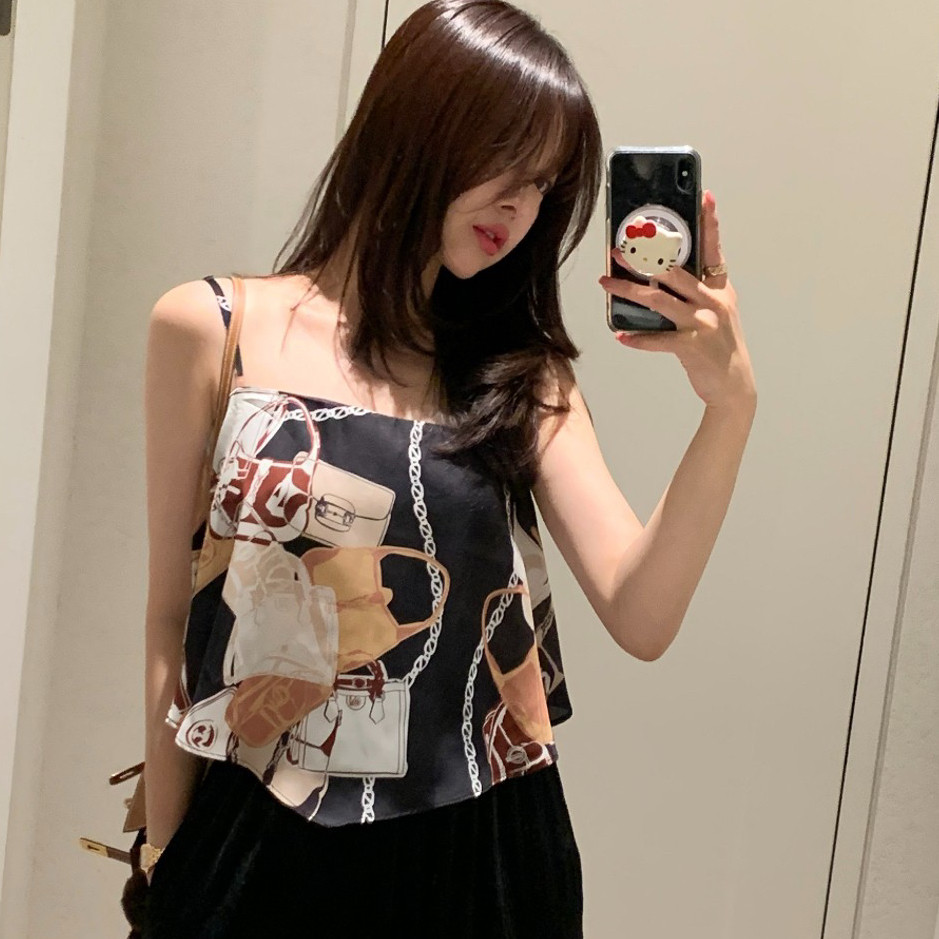 韩国chic2026夏季新品女装新品印花系带后背打揽吊带背心上衣女