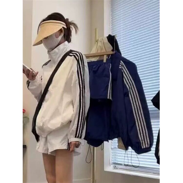 韩风chic2026春撞色条纹外套女高腰阔腿短裤美式防晒冲锋衣两件套