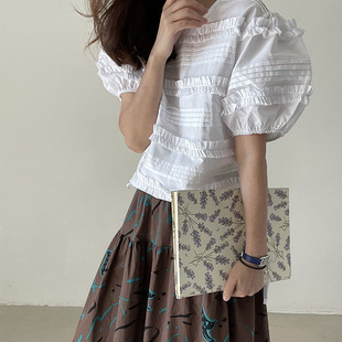 新品 衬衫 时尚 泡泡袖 气质百搭打条花边拼接设计款 韩国chic2026夏季