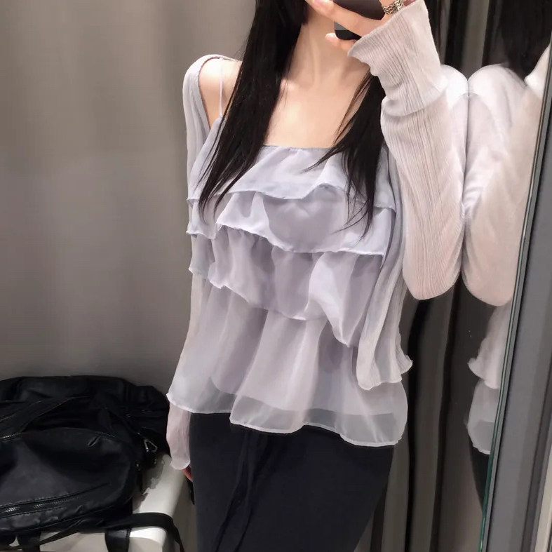 韩国Chic气质层层荷叶边减龄显瘦百搭通勤吊带上衣2026夏季新品女