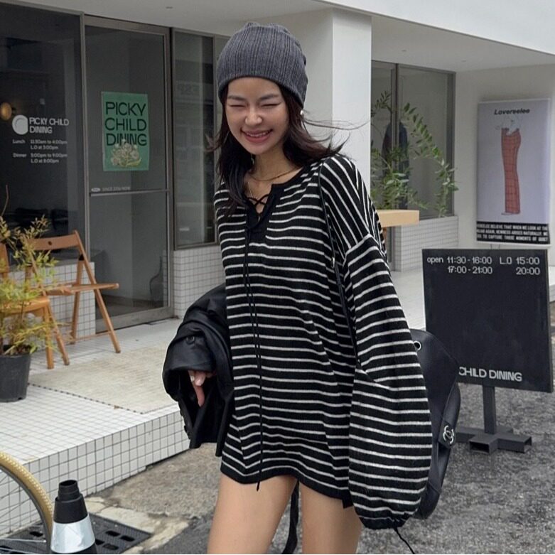 韩系百搭宽松时尚条纹针织衫长袖宽松套头毛衣2026秋季新品上衣女