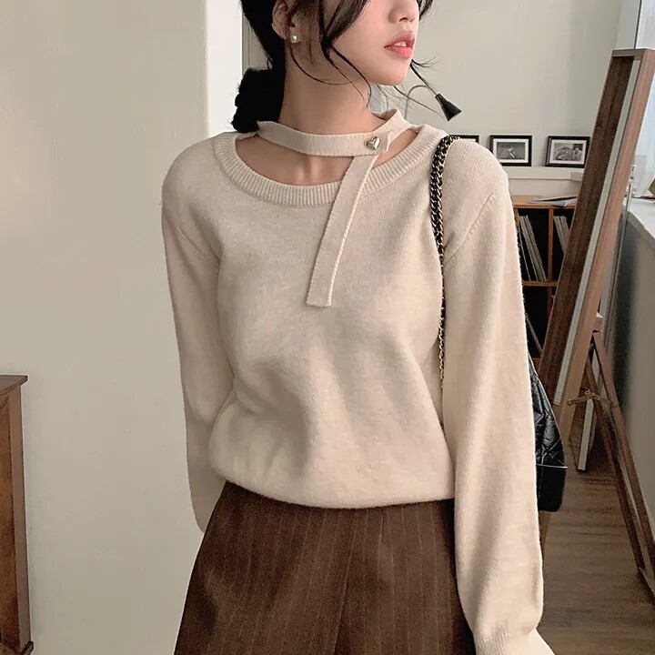 ins韩版小众设计性感挂脖围带圆领简约慵懒百搭毛针织衫毛衣26秋