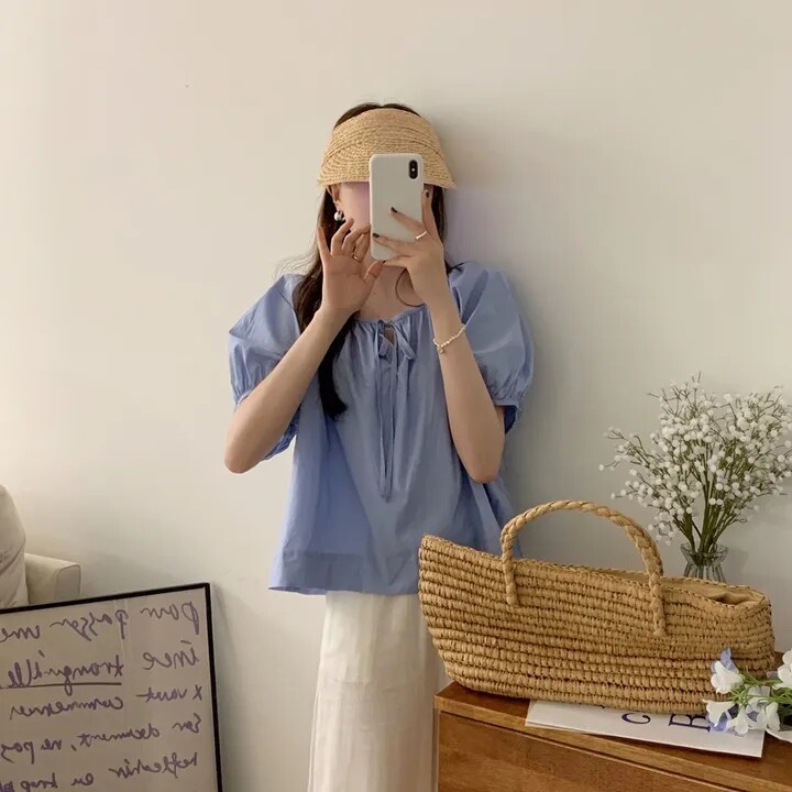 chic2026夏季韩版简约甜美系带泡泡袖慵懒休闲度假百搭衬衫上衣