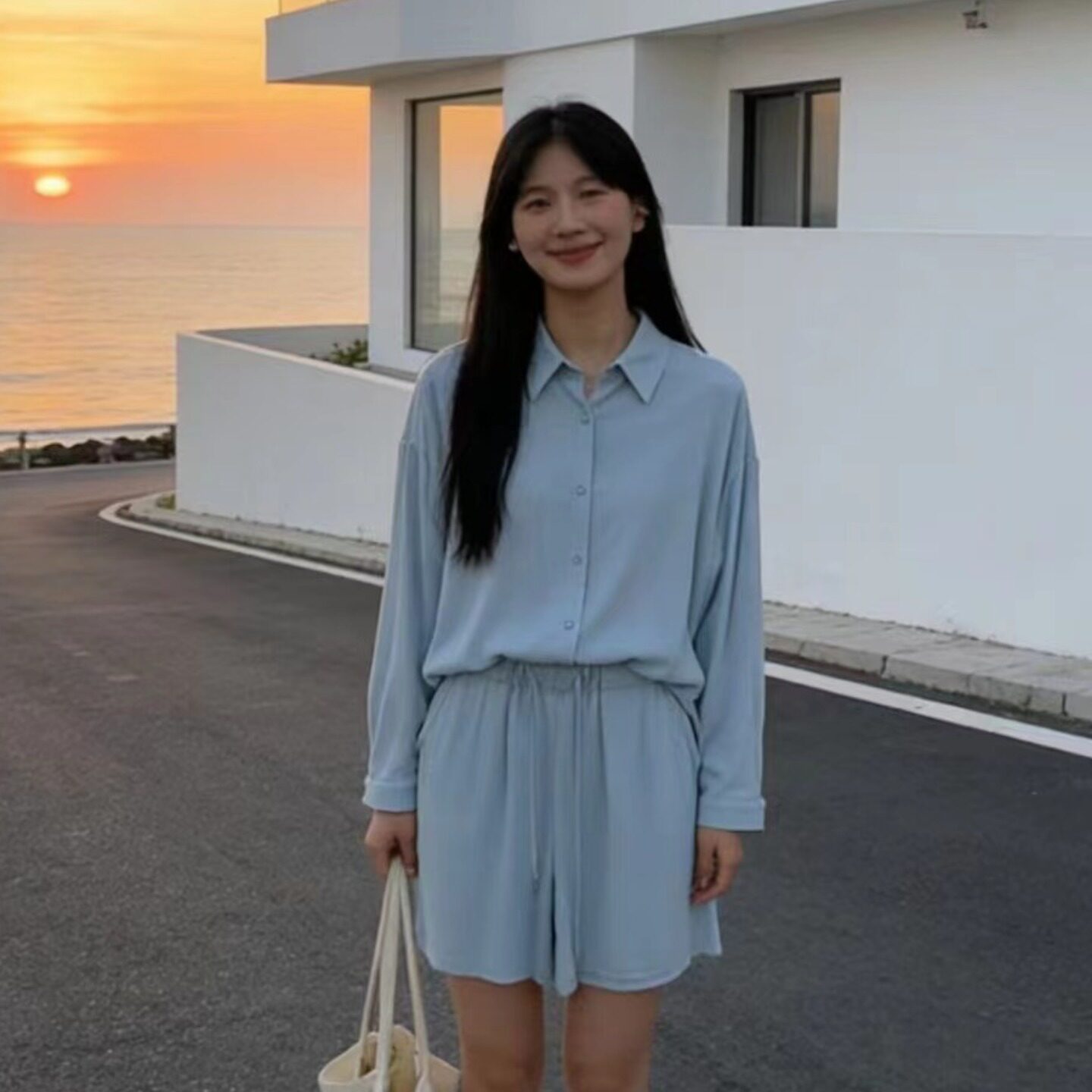 韩风chic薄款翻领衬衫+松弛垂感阔腿短裤防晒套装慵懒棉麻套装女